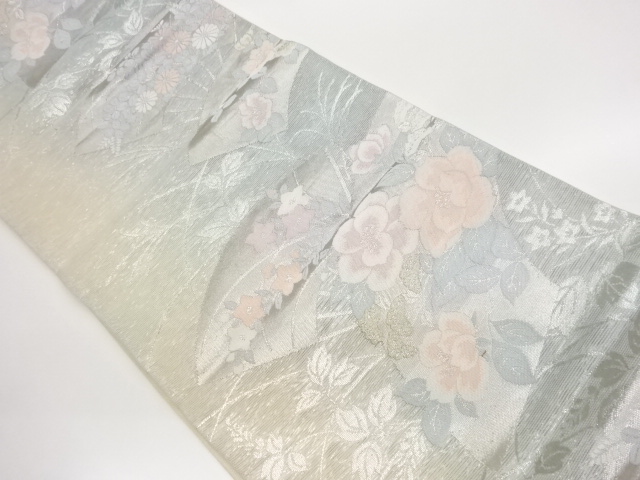  紗 扇に花々模様織出し袋帯